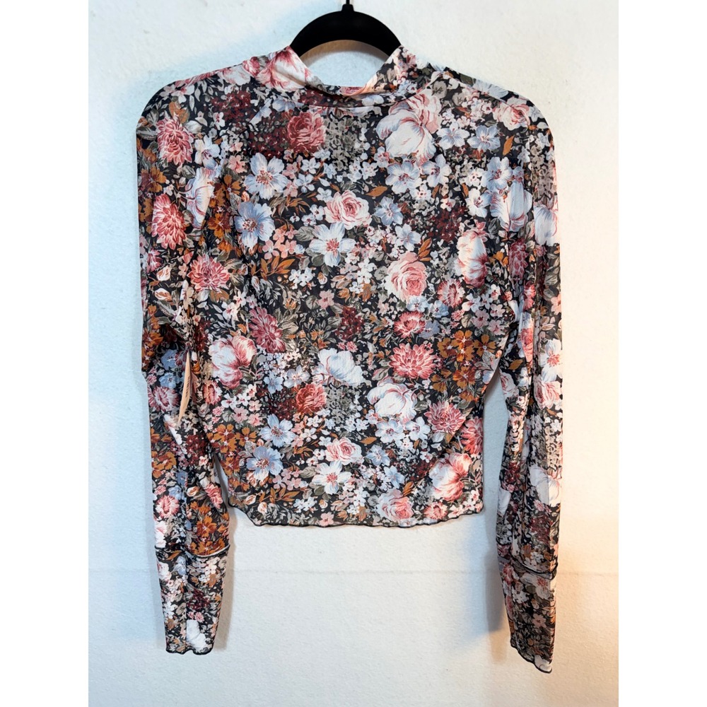 Floral Mesh Long Sleeve Top Sheer Boho Rodeo Cowgirl Mock Neck Sz XL Multicolor